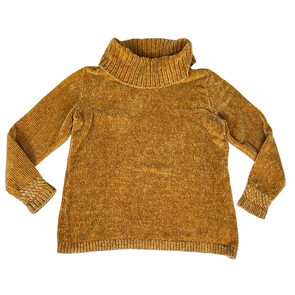 Chenille Sweater Women Large Gold Mustard Yellow Knit Pullover Cozy Turtleneck
